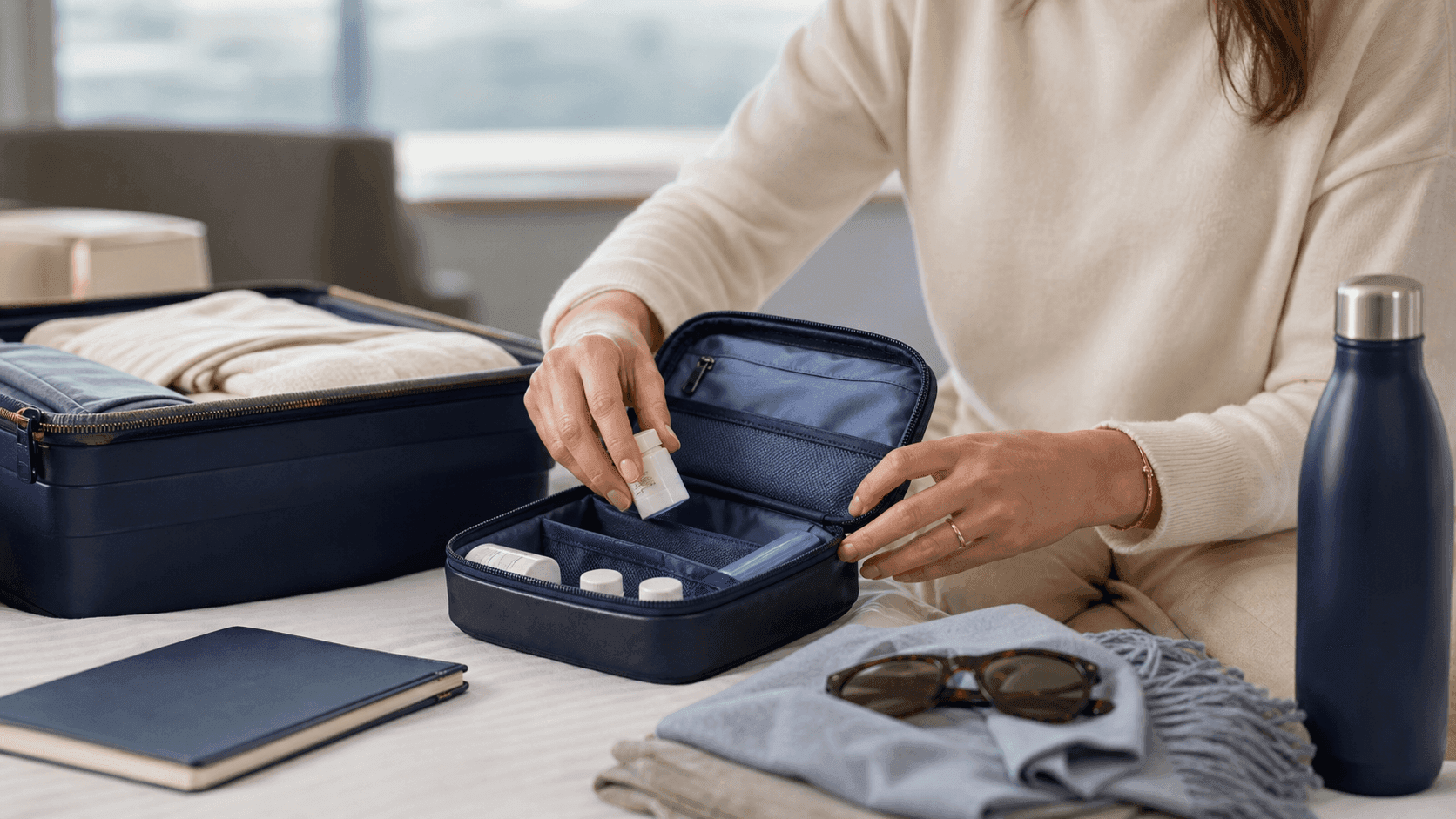 A traveler organizing a compact wellness kit beside a packed carry-on.
